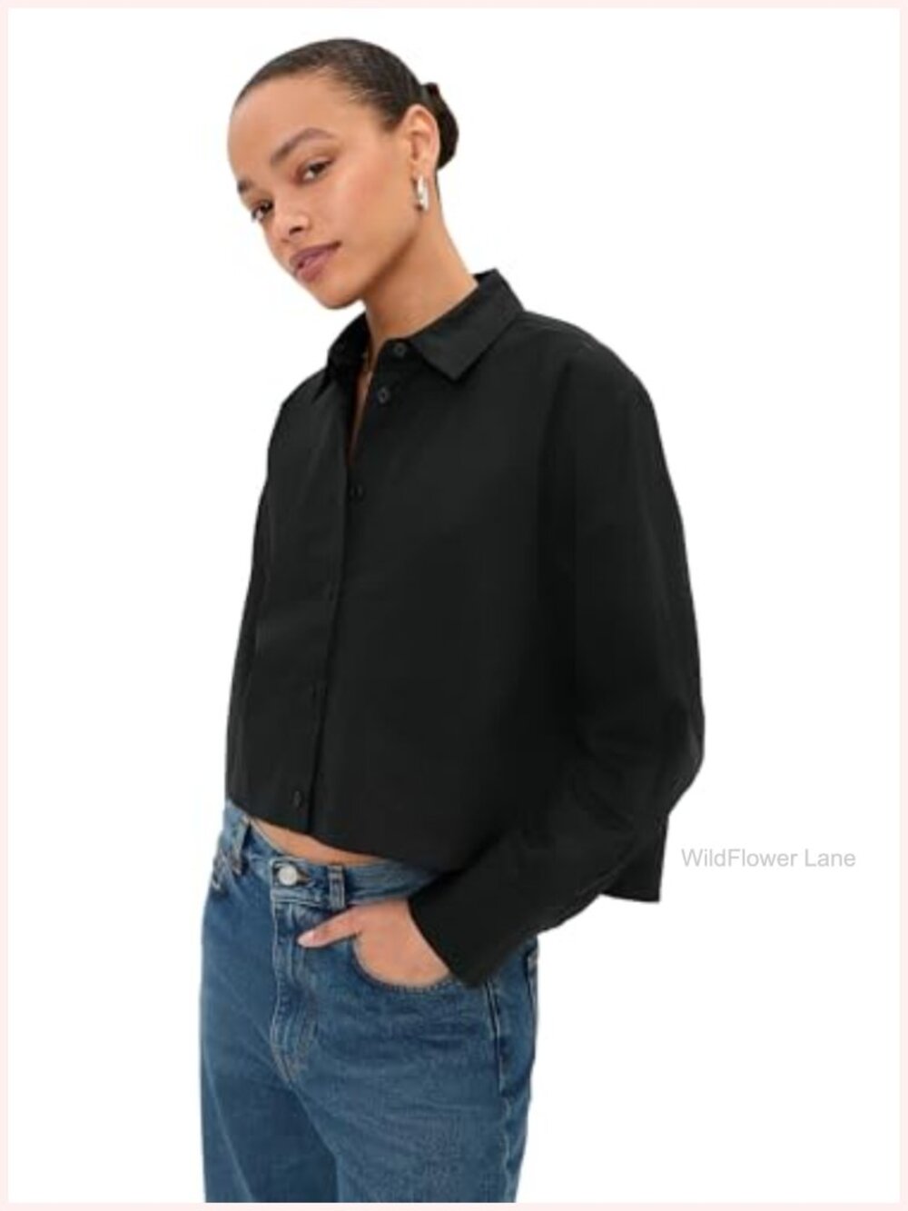 Womens Boxy Cropped Poplin Button Down Shirt Collared High Low Hem